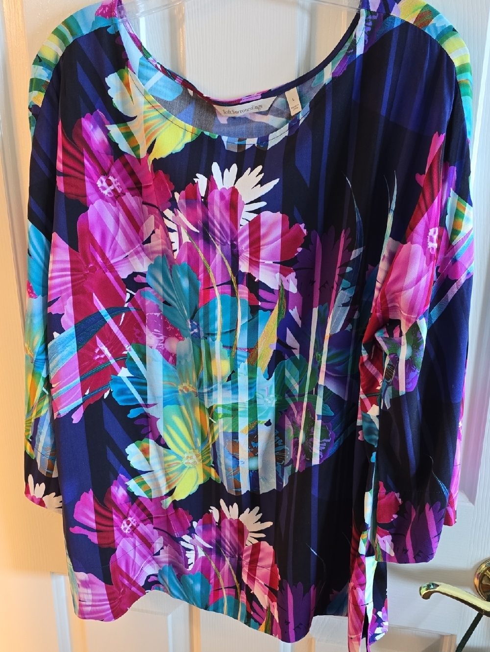 Soft Surroundings Navy Floral Tunic with Pink, Teal, Yellow and Purple